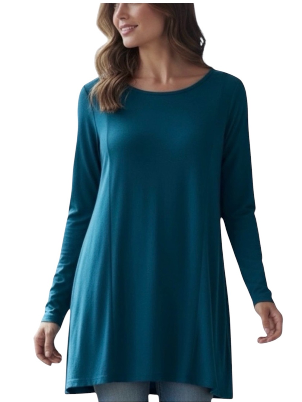 NWT Umgee Deep Teal Long Sleeve Swing Top Tunic w/ Pleated Details - Size Large